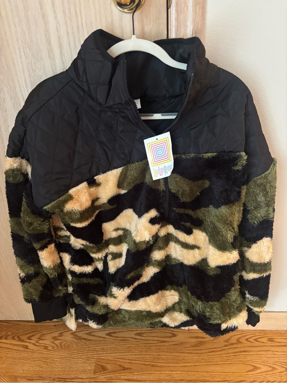TAGS ON! Never worn LulaRoe Camo Faux-Fur Half-Zip Pullover - Black & Green
